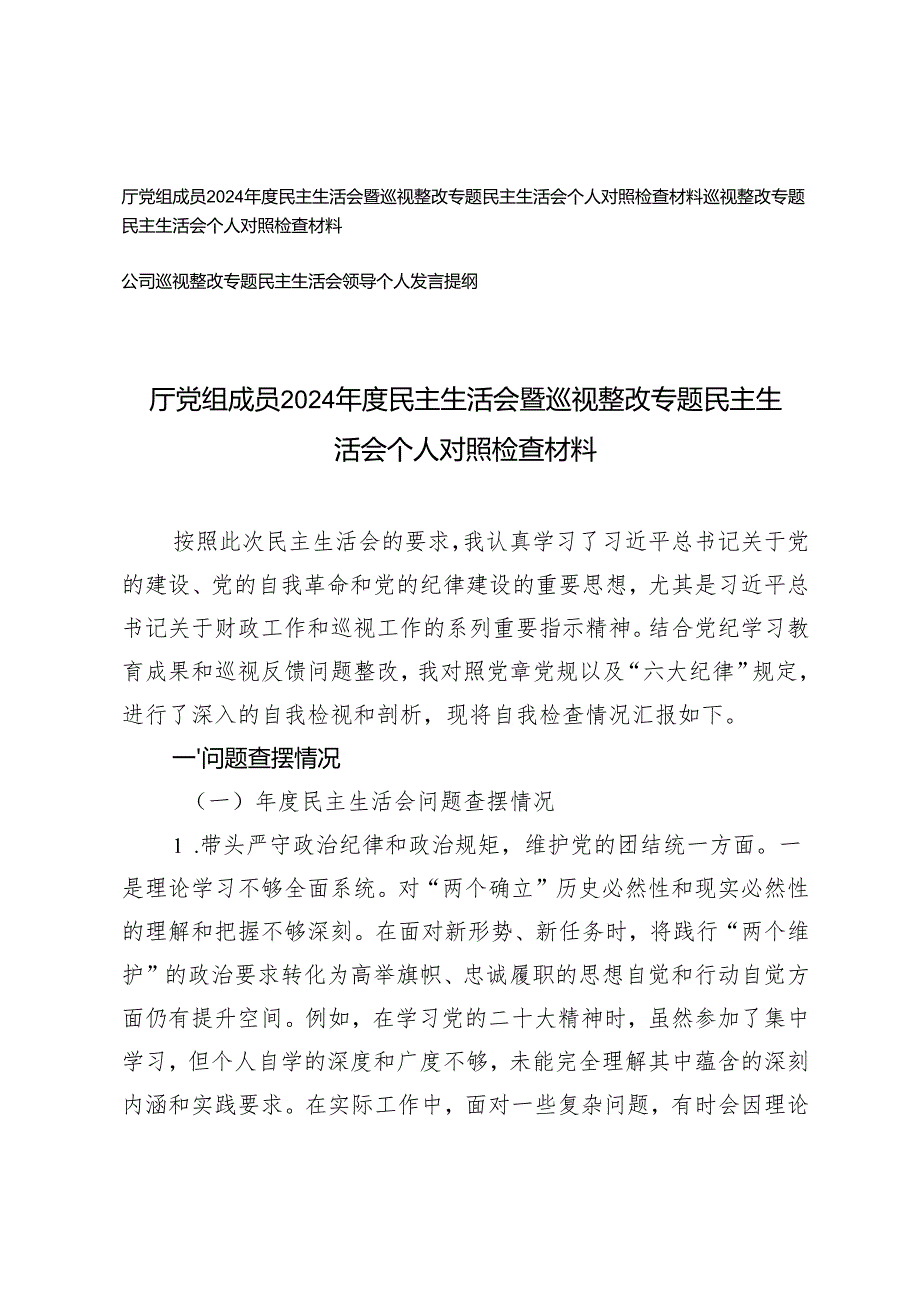 厅党组成员、公司2024年度民主生活会暨巡视整改专题民主生活会个人对照检查材料发言提纲.docx_第1页
