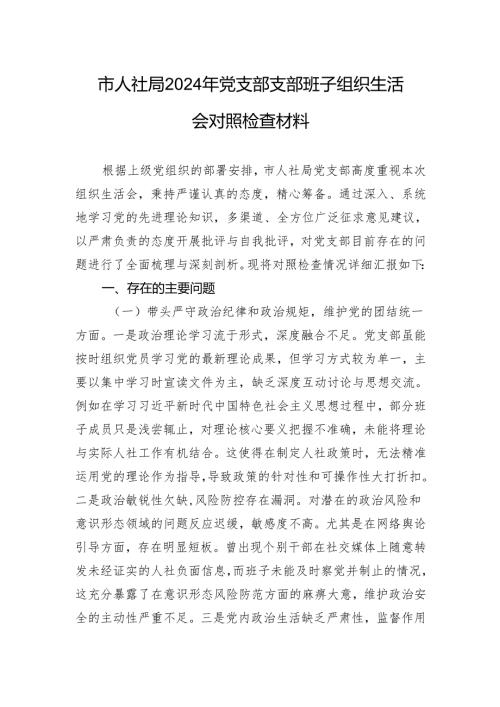 人社局2024年党支部支部班子组织生活会对照检查发言材料.docx