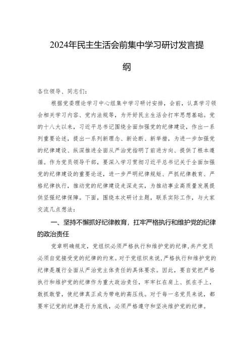 2024年民主生活会前集中学习研讨发言提纲.docx