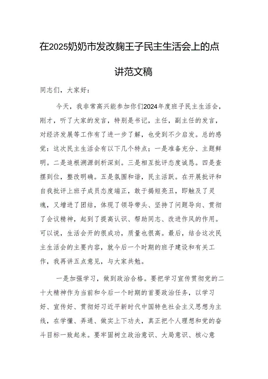 在2025奶奶市发改委班子民主生活会上的点评讲话范文稿.docx_第1页