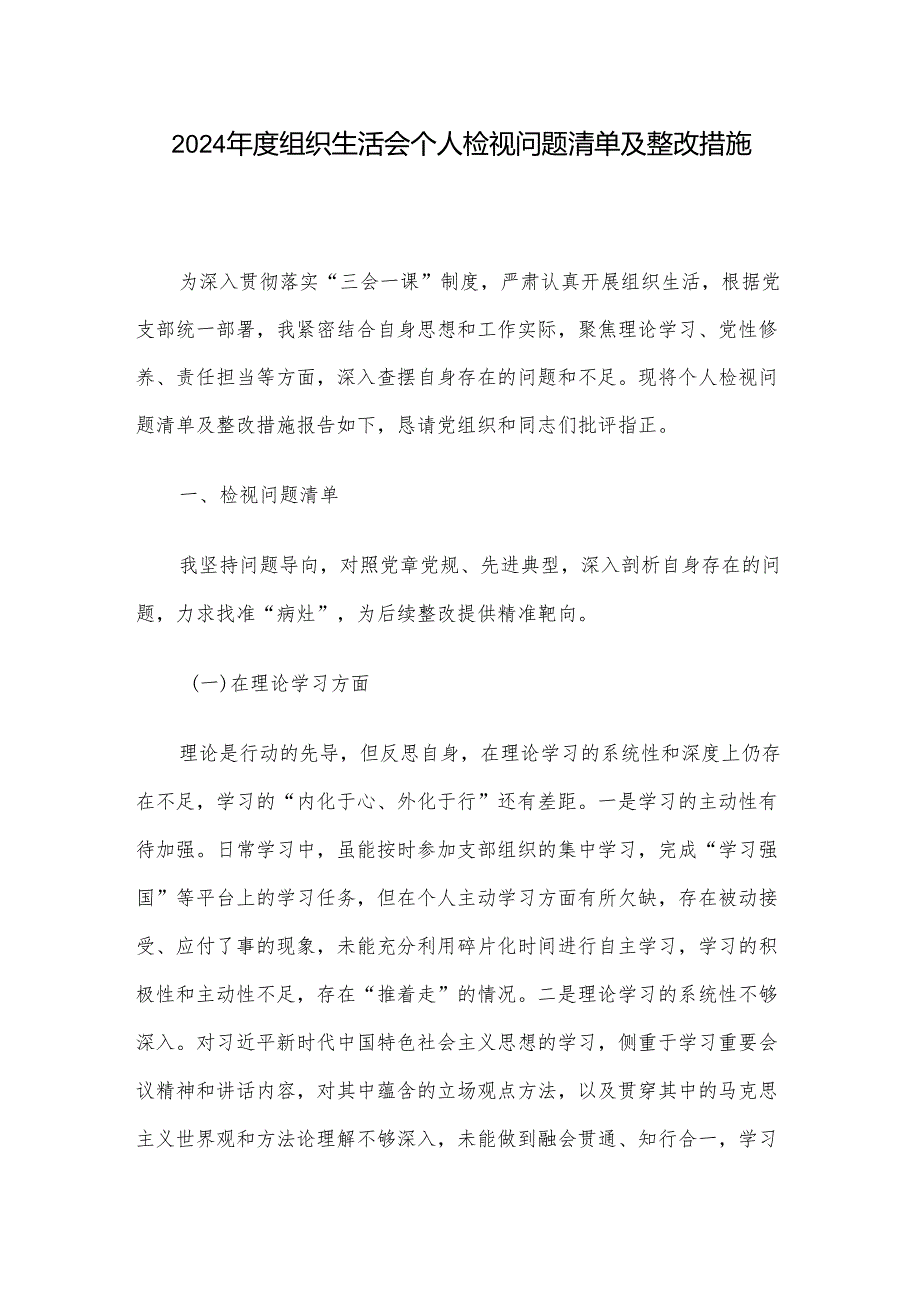 2024年度组织生活会个人检视问题清单及整改措施.docx_第1页