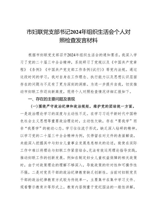 市妇联党支部书记2024年组织生活会个人对照检查发言材料.docx