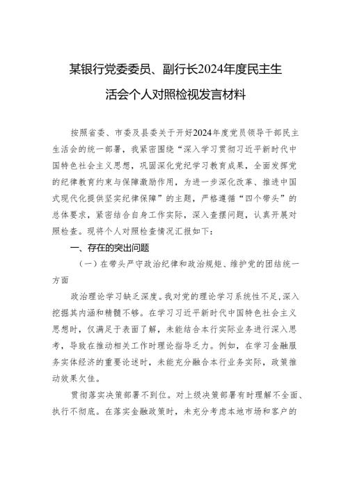 银行党委委员、副行长2024年度民主生活会个人对照检查检视发言材料.docx