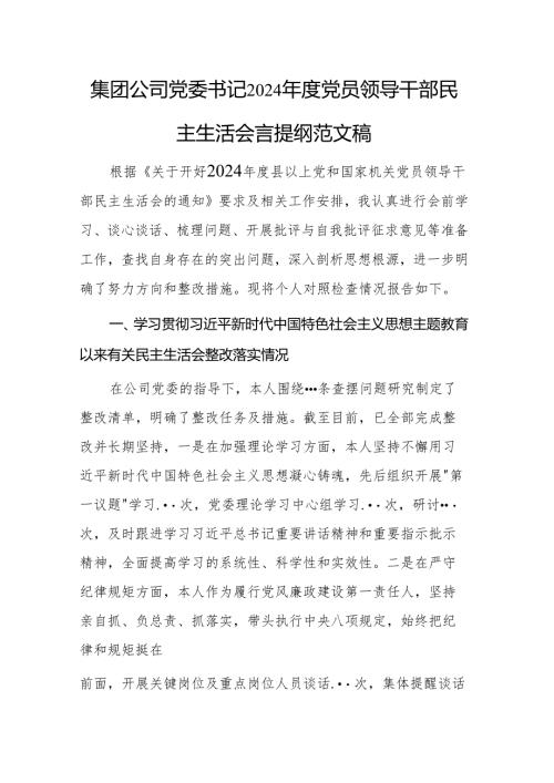 集团公司党委书记2024年度党员领导干部民主生活会个人发言提纲范文稿.docx