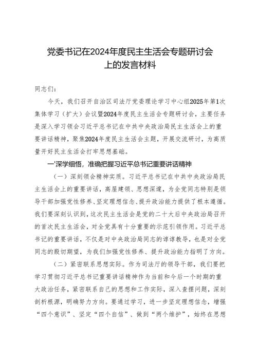 组织生活：2024年度“四个带头”民主生活会：3-09党委书记在专题研讨会上的发言材料.docx