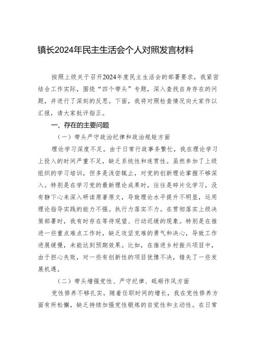 镇长2024年民主生活会个人对照检查发言材料.docx