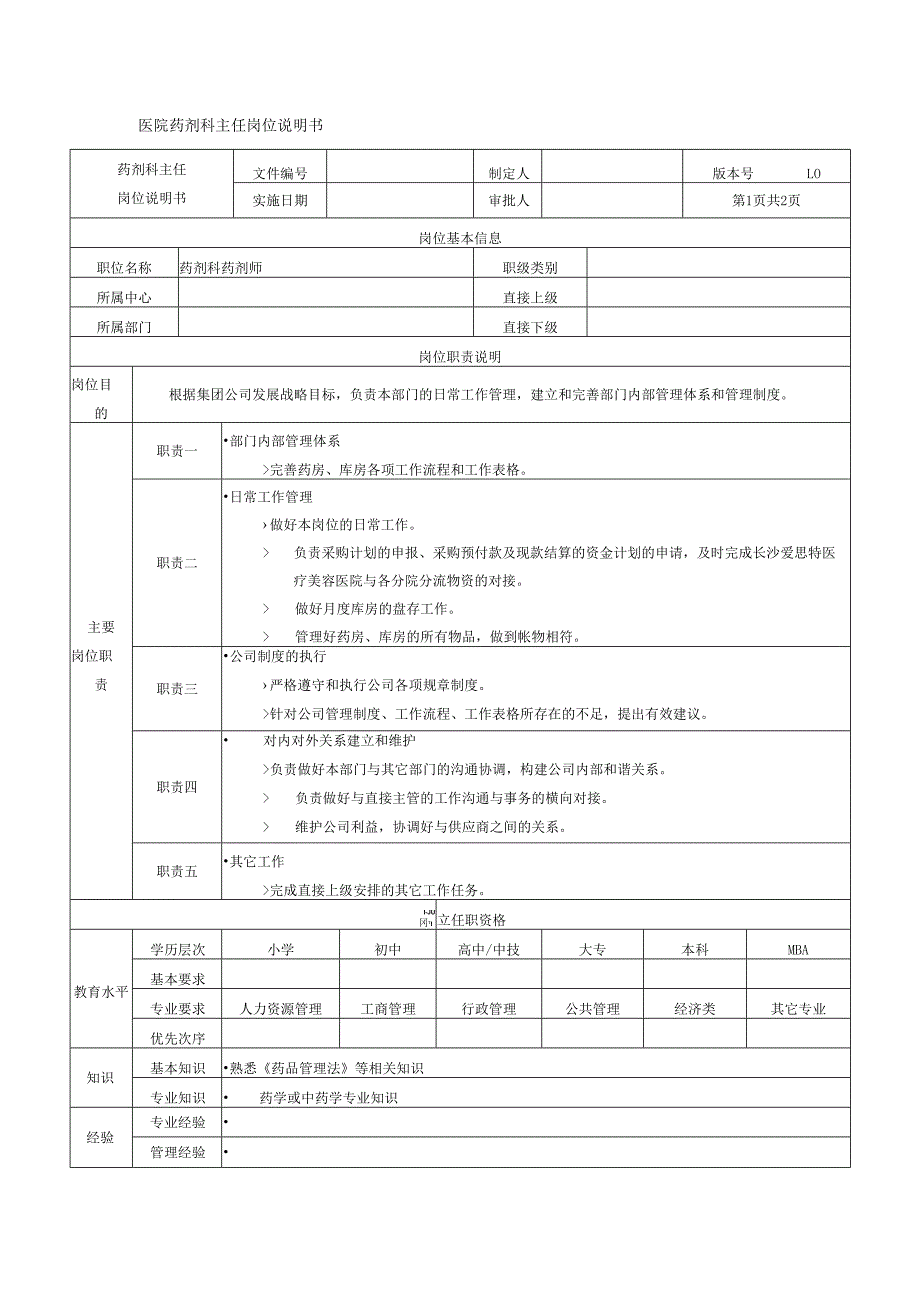 医疗机构医院药剂科主任岗位说明书.docx_第1页