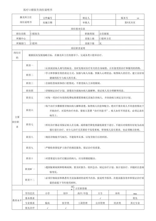 医疗口腔美容医生岗位说明书.docx