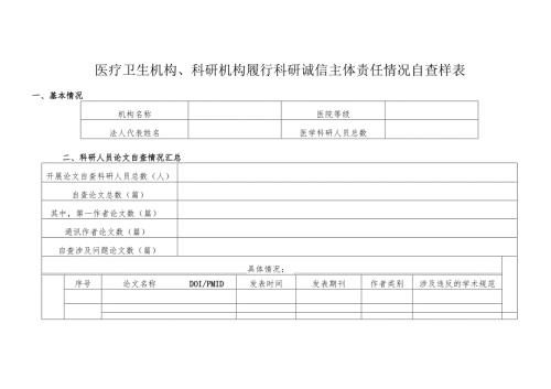 医疗卫生机构、科研机构履行科研诚信主体责任情况自查样表2-5-10.docx