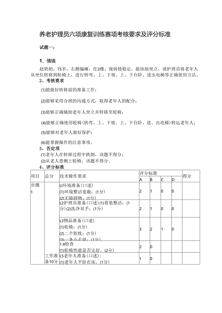 养老护理员六项康复训练赛项考核要求及评分标准.docx_第1页