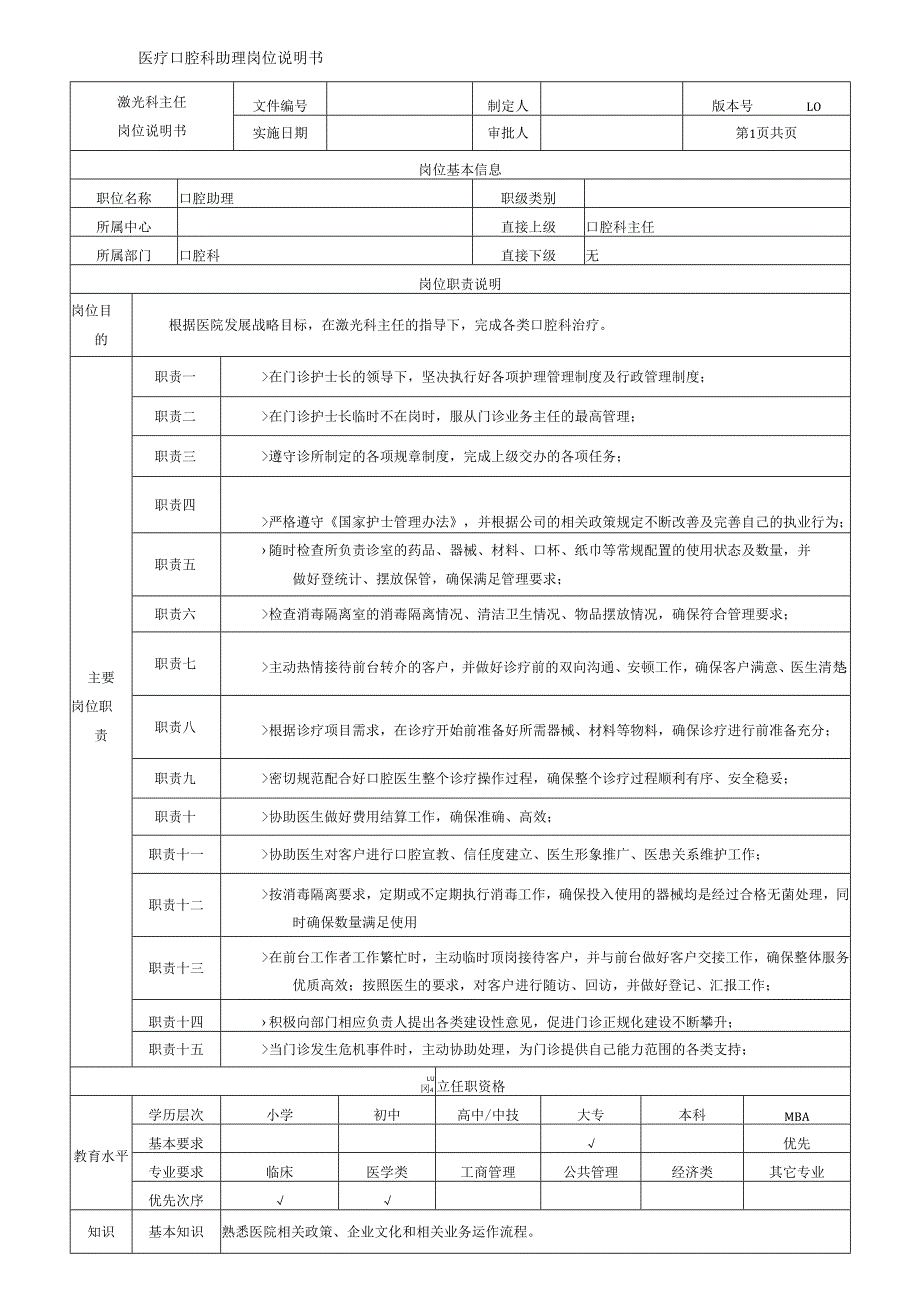 医疗口腔美容助理岗位说明书.docx_第1页