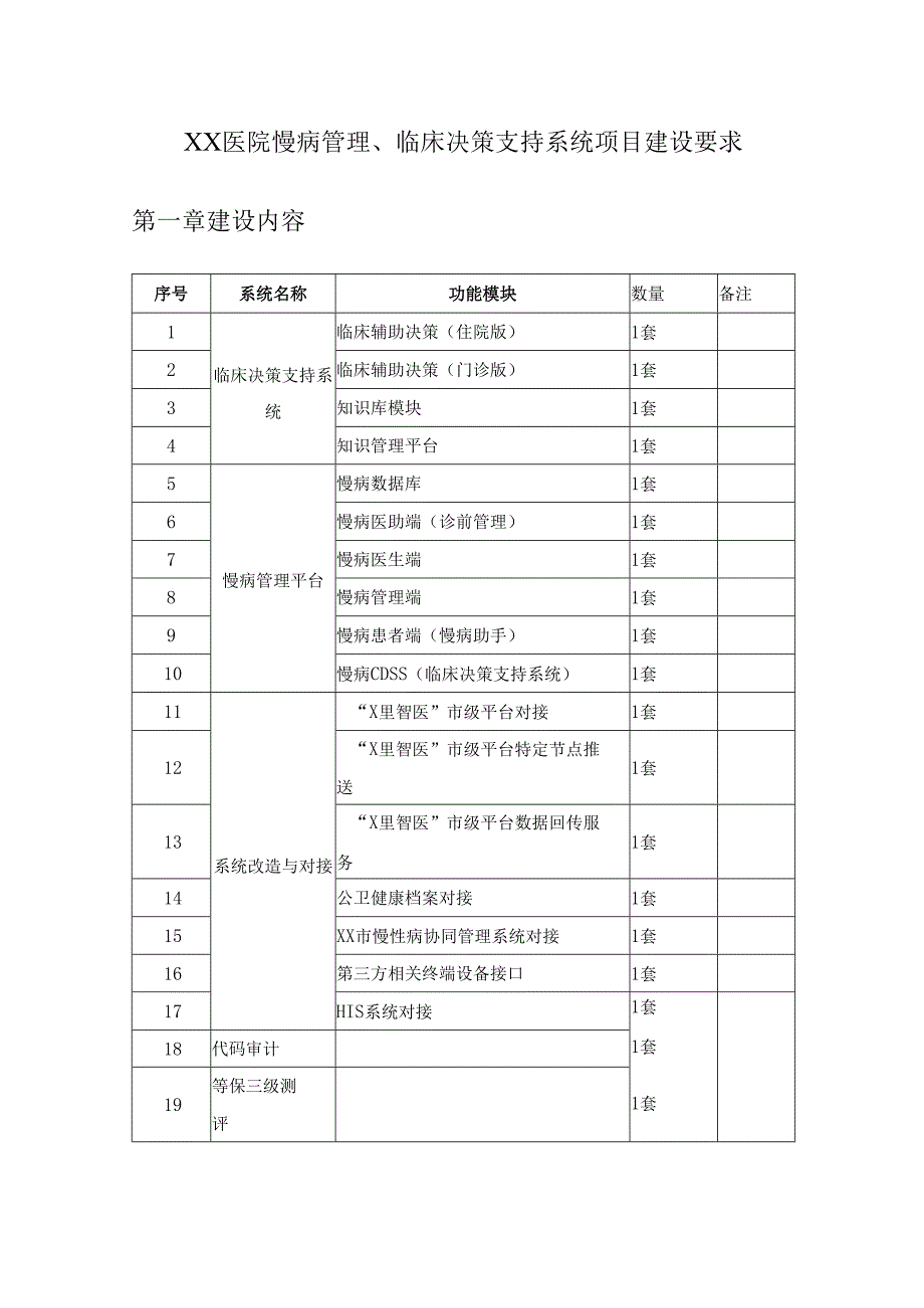 XX医院慢病管理、临床决策支持系统项目建设要求.docx_第1页