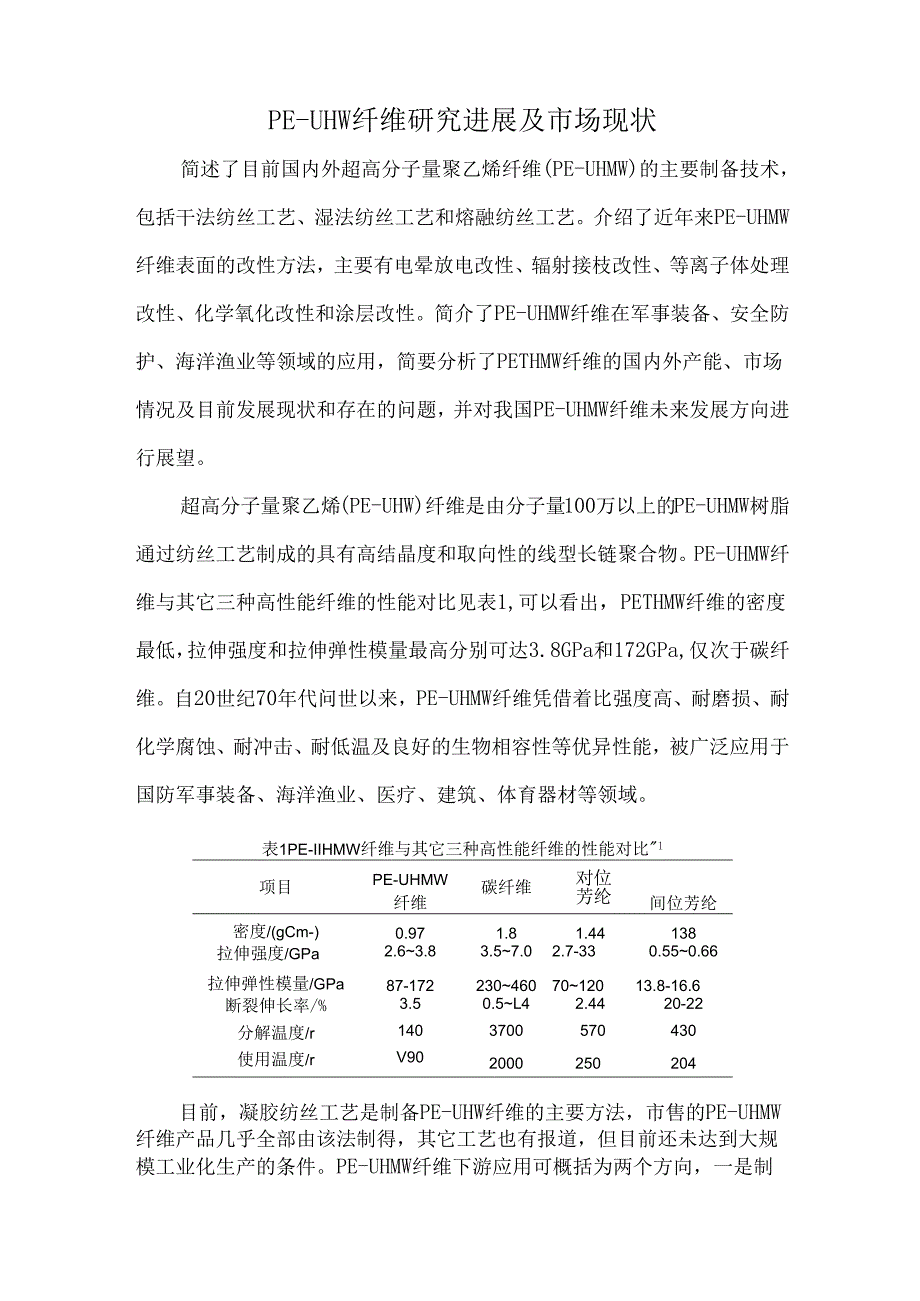 PE-UHMW纤维研究进展及市场现状.docx_第1页