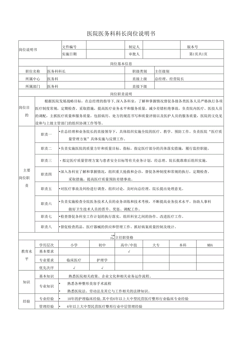 医院医务科科长岗位说明书.docx_第1页