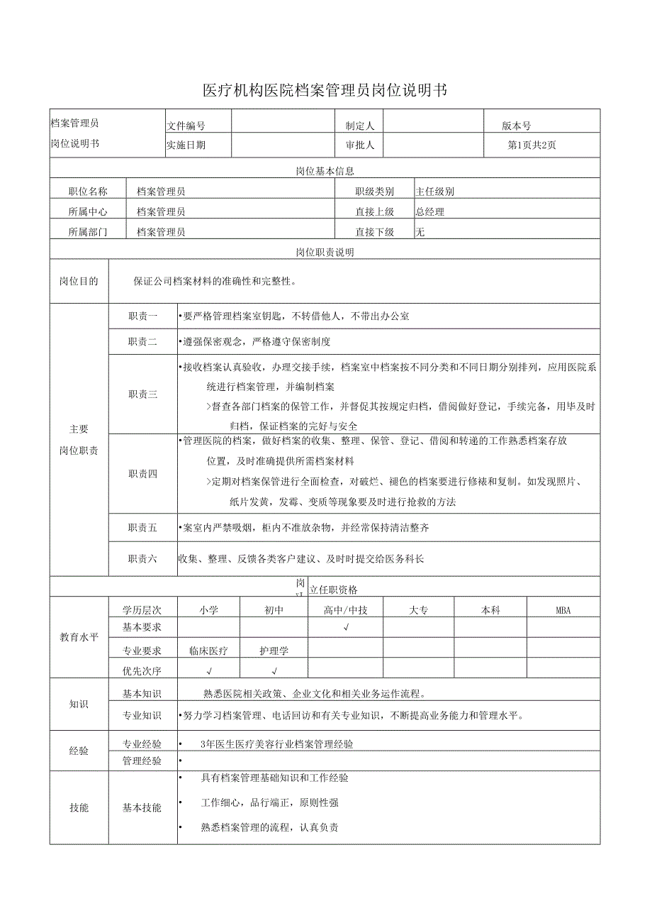医疗机构医院档案管理员岗位说明书.docx_第1页