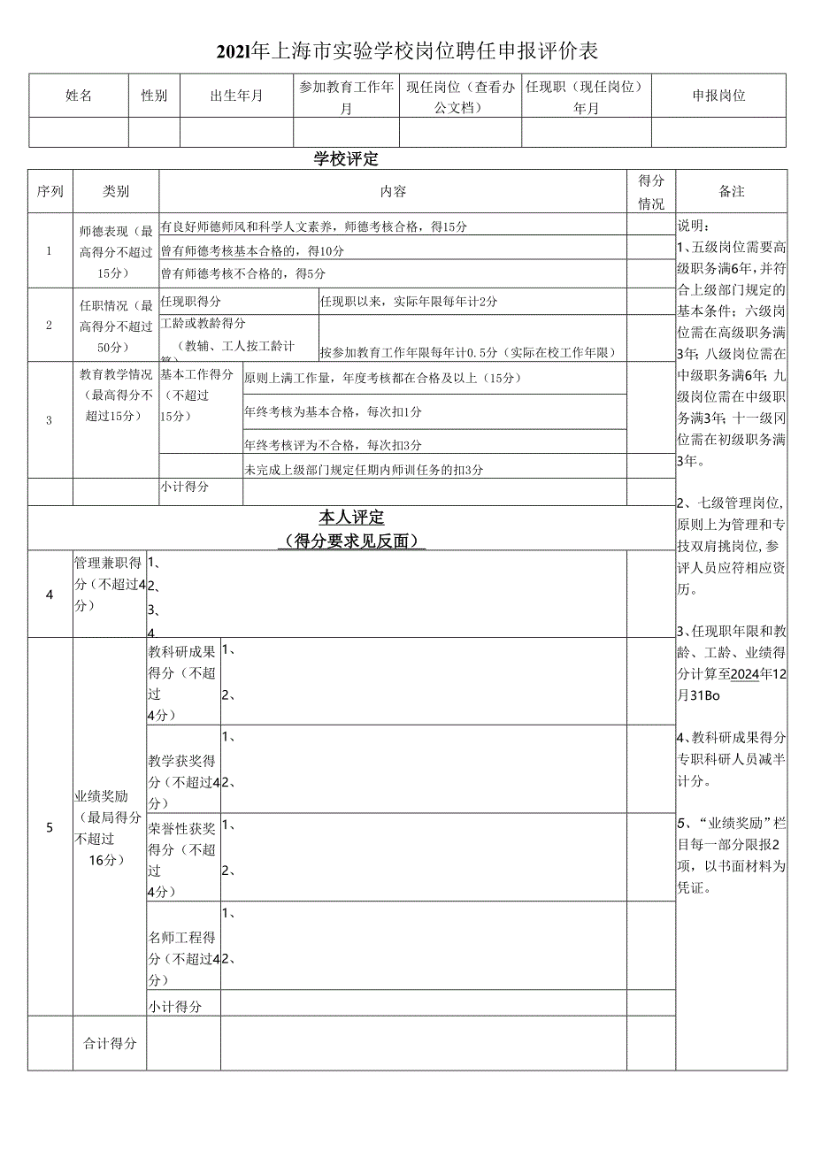 上海市实验学校首次岗位设置申报评价表.docx_第1页