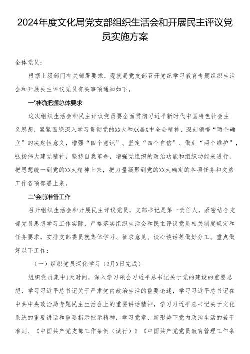 2024年度文化局党支部组织生活会和开展民主评议党员实施方案.docx