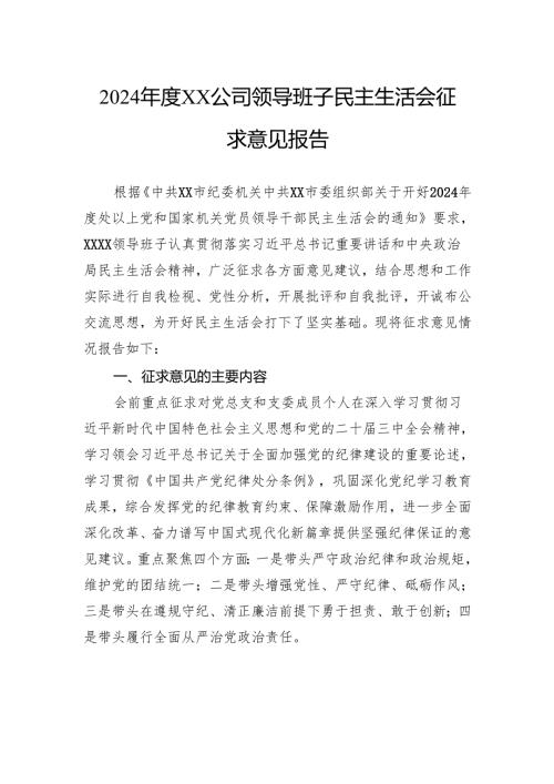 2024年度公司领导班子民主生活会征求意见报告.docx