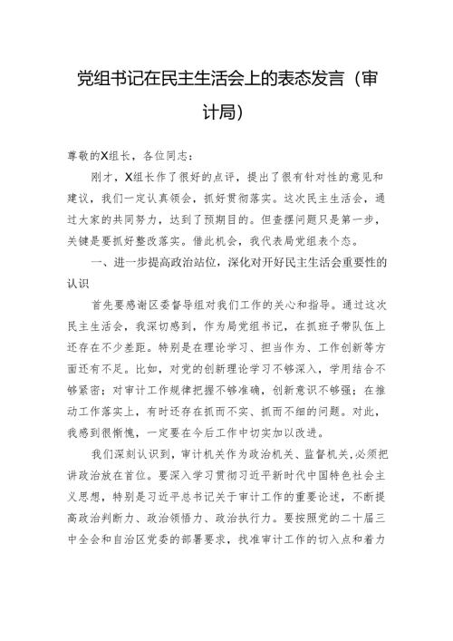 党组书记在民主生活会上的表态发言（审计局）.docx