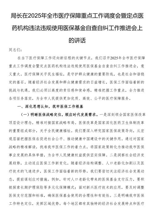 局长在2025年全市医疗保障重点工作调度会暨定点医药机构违法违规使用医保基金自查自纠工作推进会上的讲话.docx