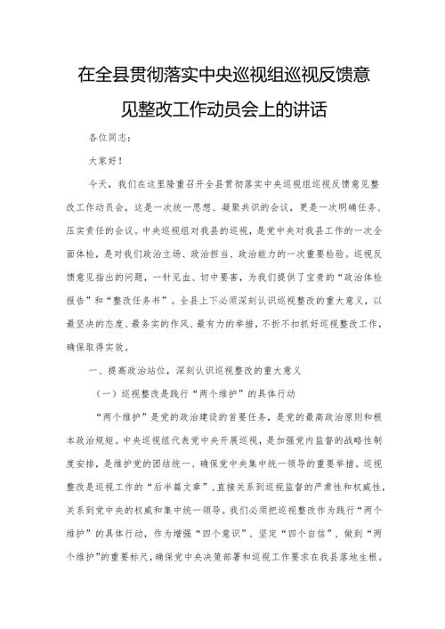 在全县贯彻落实中央巡视组巡视反馈意见整改工作动员会上的讲话.docx