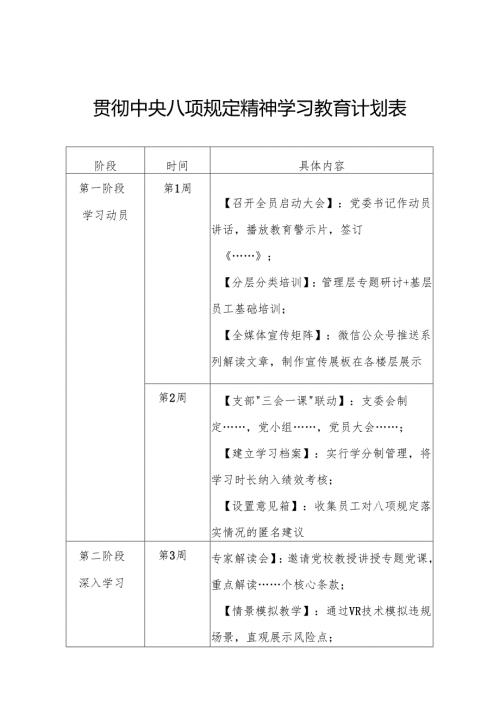 党支部贯彻中央八项规定精神学习教育计划表.docx