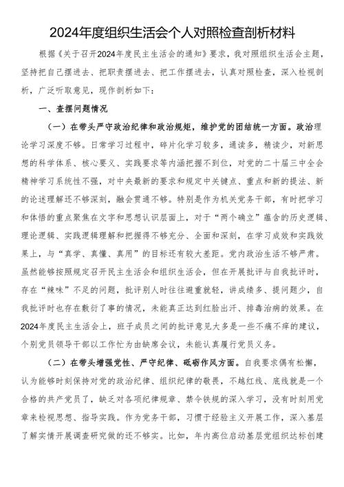 2024年度组织生活会个人对照检查剖析材料.docx