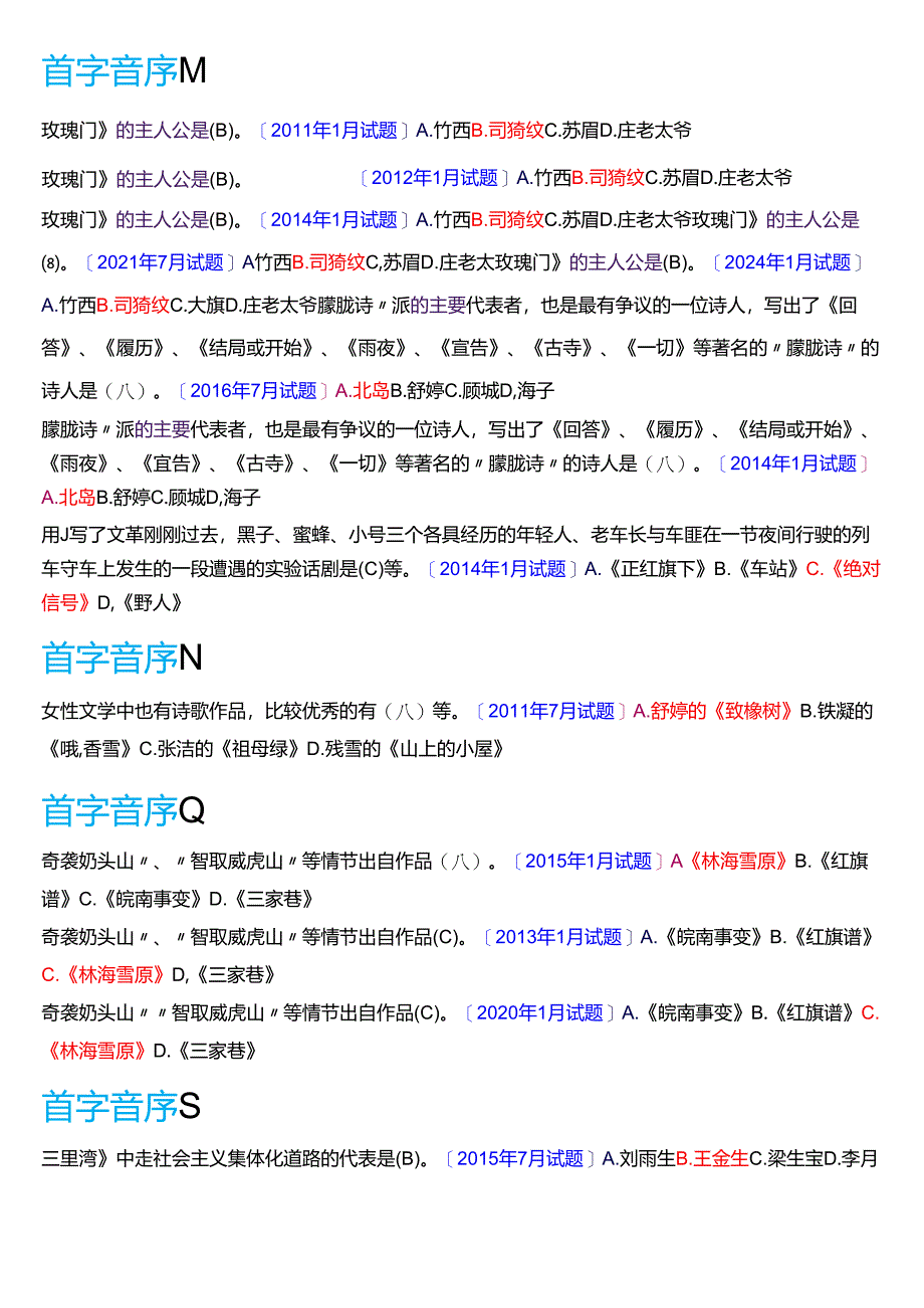 国家开放大学汉语言文学本科《中国当代文学专题》期末纸质考试第一大题单项选择题库[2025春期版].docx_第2页