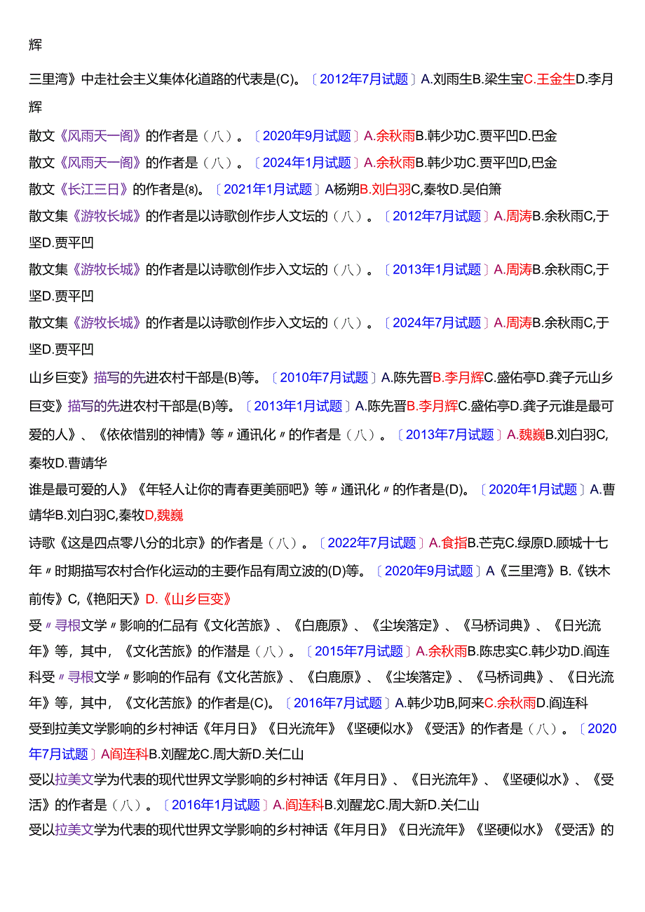 国家开放大学汉语言文学本科《中国当代文学专题》期末纸质考试第一大题单项选择题库[2025春期版].docx_第3页