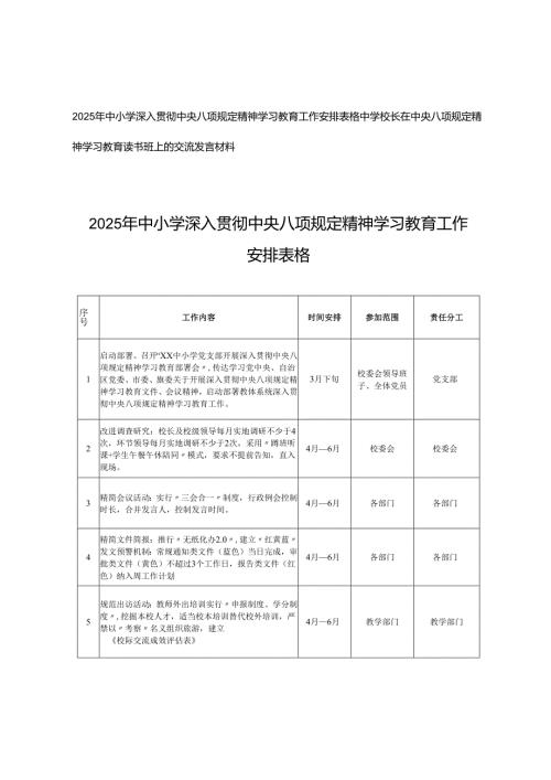 2025年中小学深入贯彻中央八项规定精神学习教育工作安排表格+中学校长在中央八项规定精神学习教育读书班上的交流发言材料.docx