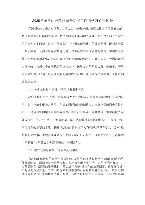 2025年全国两会精神结合基层工作的学习心得体会.docx