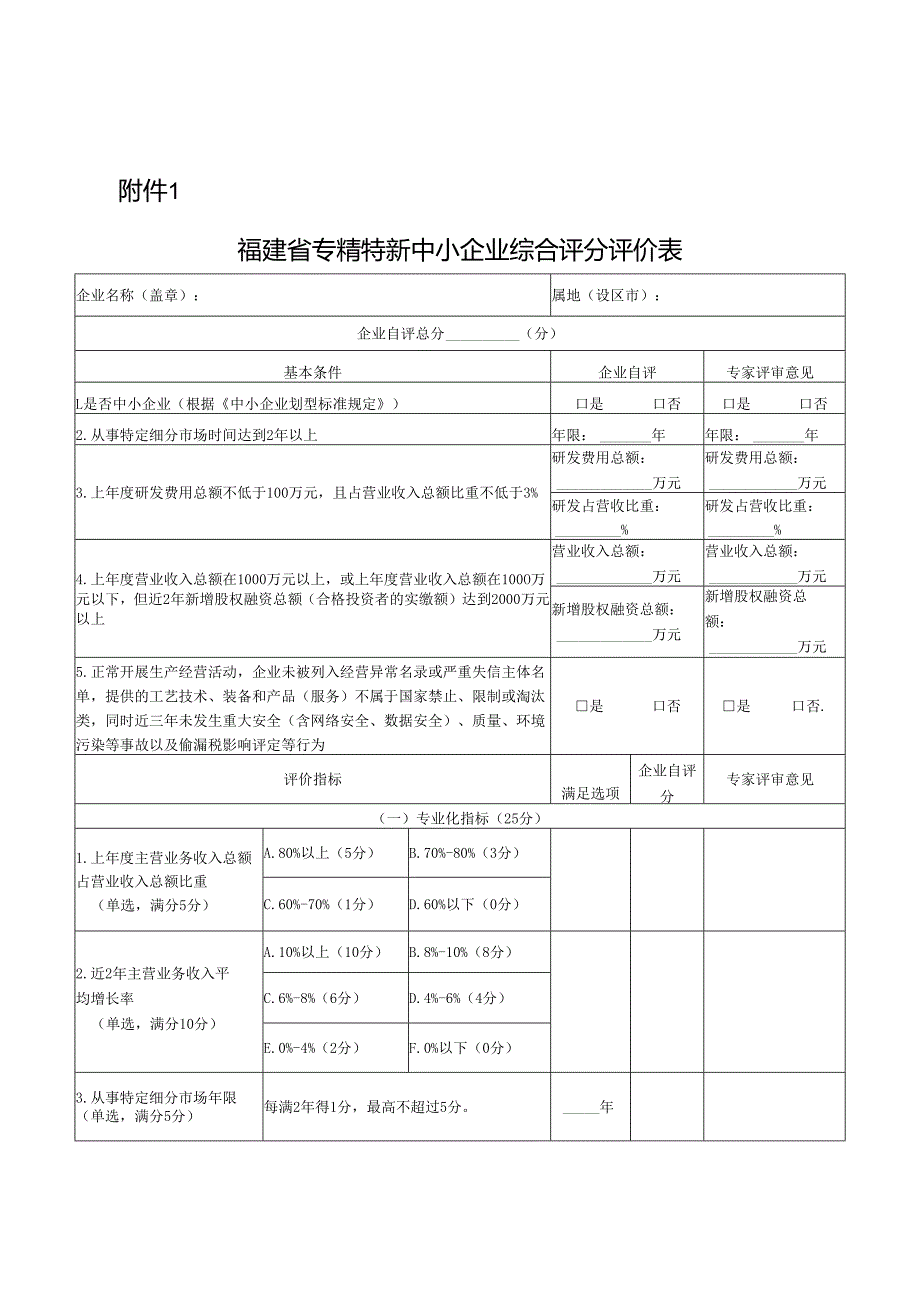 福建省专精特新中小企业综合评分评价表.docx_第1页