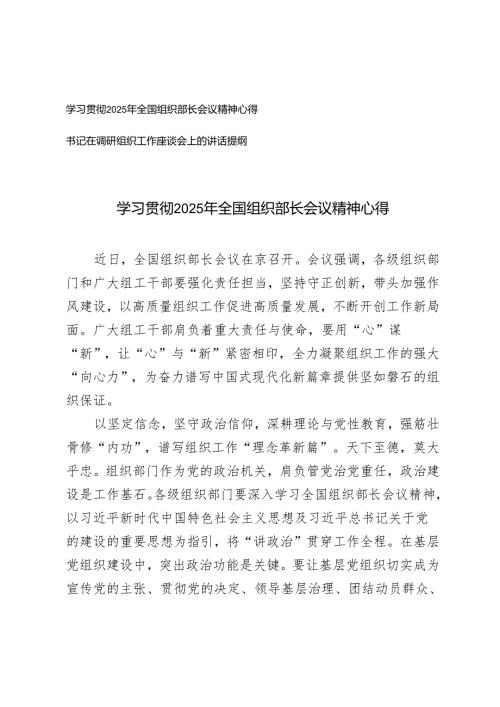 2025年学习贯彻全国组织部长会议精神心得+书记在调研组织工作座谈会上的讲话提纲.docx