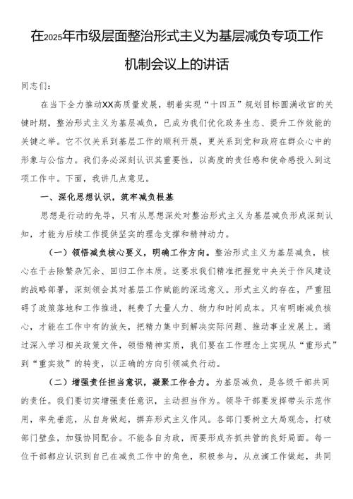在2025年市级层面整治形式主义为基层减负专项工作机制会议上的讲话.docx