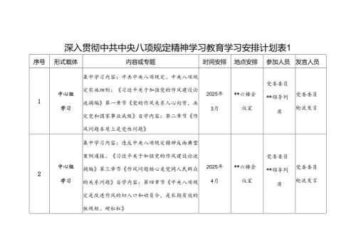 党支部主题党日2025年深入贯彻中共中央八项规定精神学习教育学习安排计划表.docx