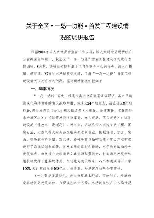 关于全区“一岛一功能”首发工程建设情况的调研报告.docx