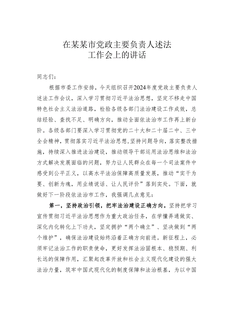 在某某市党政主要负责人述法工作会上的讲话.docx_第1页