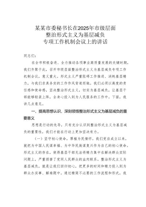 某某市委秘书长在2025年市级层面整治形式主义为基层减负专项工作机制会议上的讲话.docx
