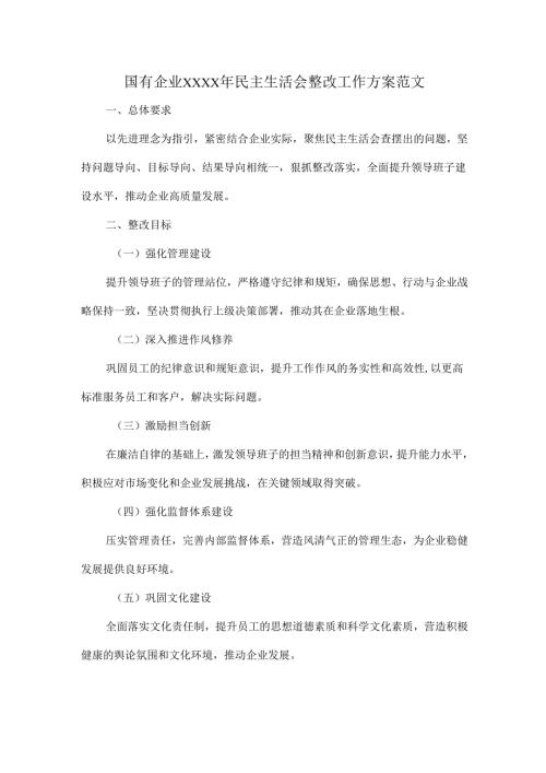 国有企业XXXX年民主生活会整改工作方案范文.docx