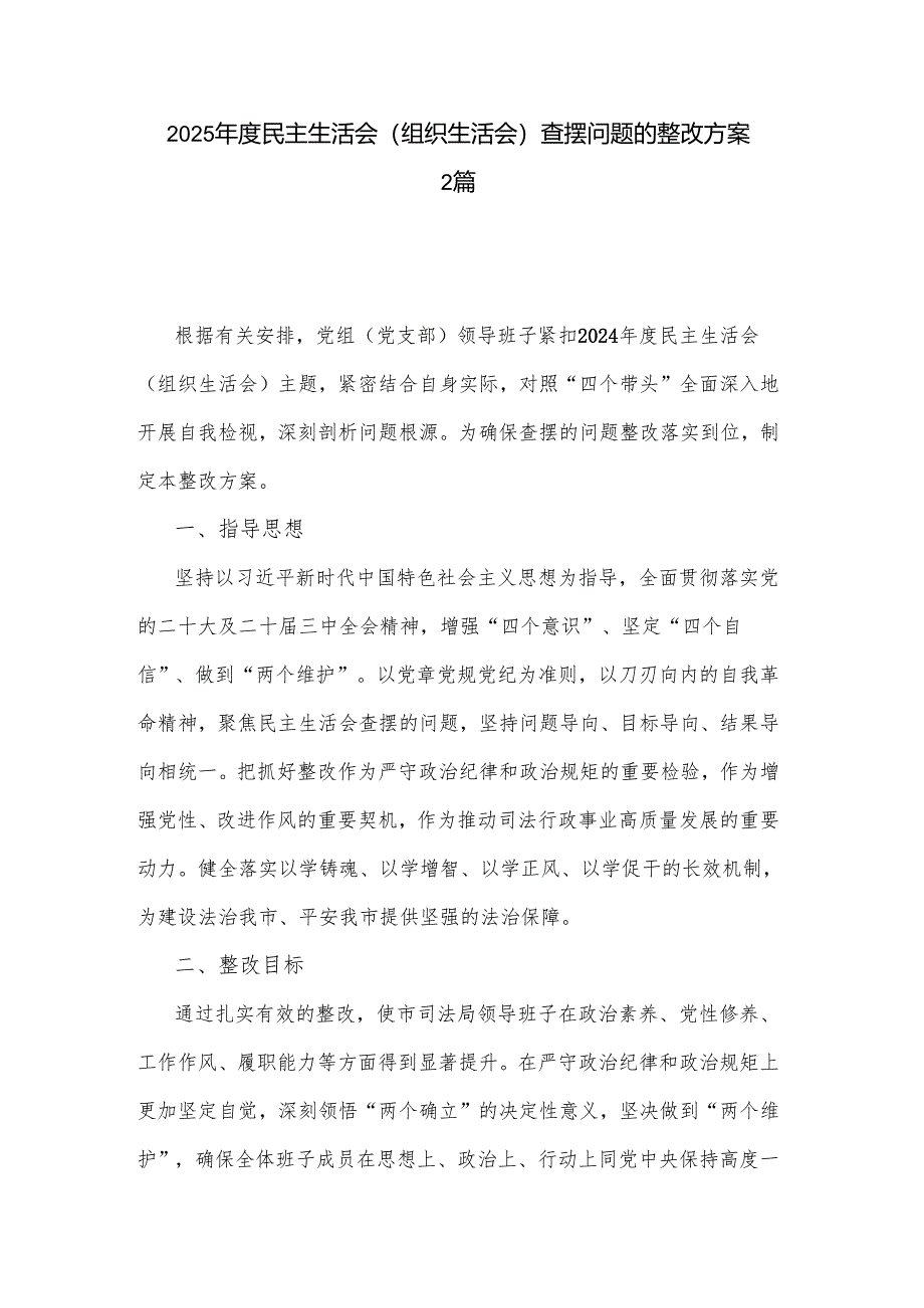 2025年度民主生活会（组织生活会）查摆问题的整改方案2篇.docx_第1页