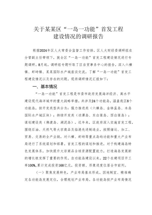 关于某某区“一岛一功能”首发工程建设情况的调研报告.docx