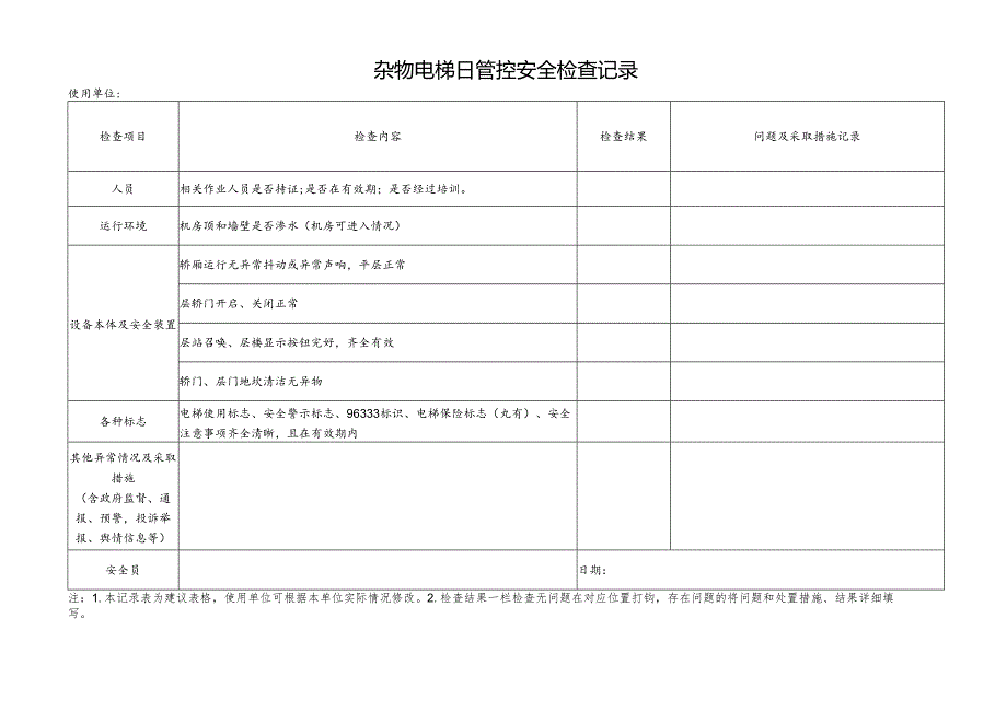 杂物电梯使用单位日管控安全检查记录表.docx_第1页