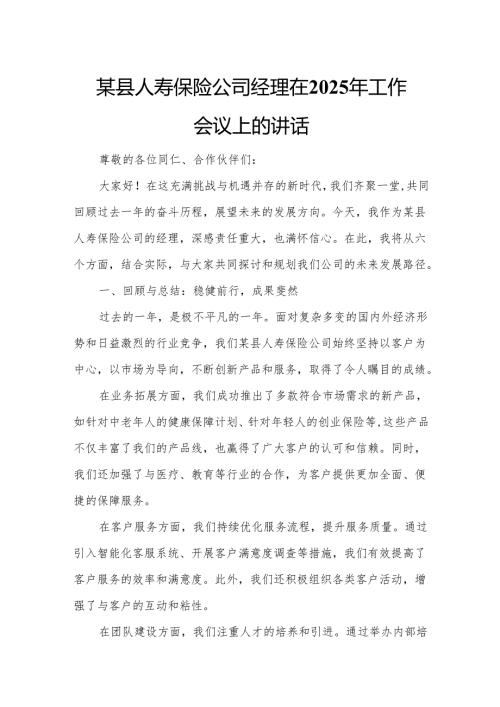 某县人寿保险公司经理在2025年工作会议上的讲话.docx