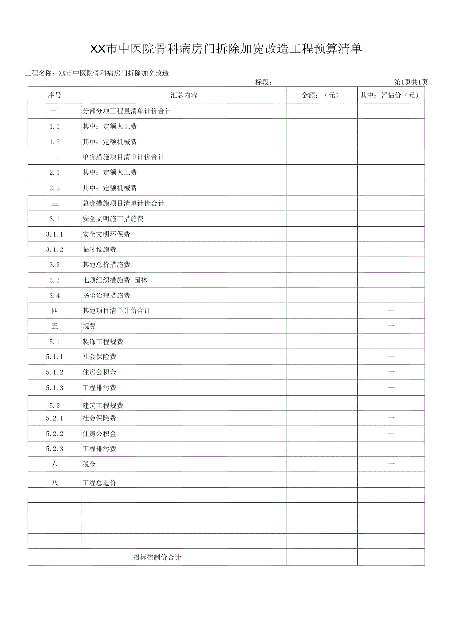 XX市中医院骨科病房门拆除加宽改造工程预算清单（2025年）.docx_第1页