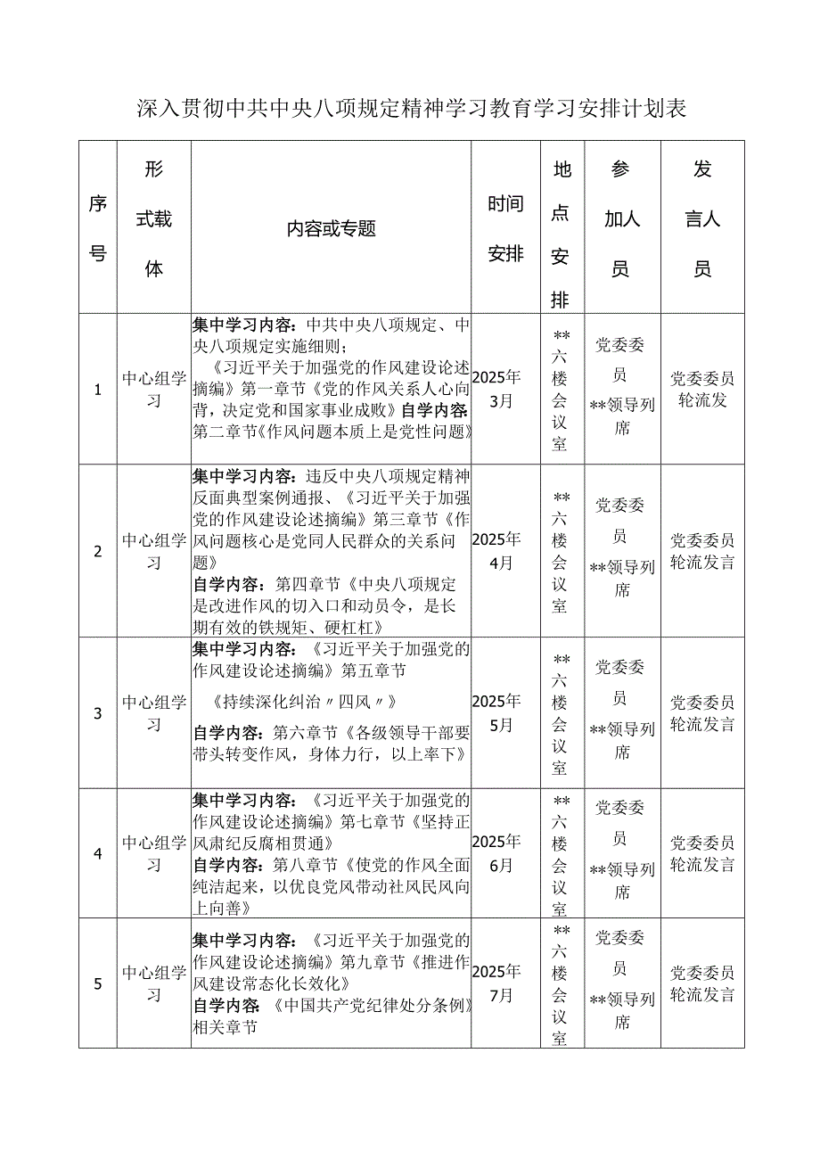 深入贯彻中共中央八项规定精神学习教育学习安排计划表.docx_第1页