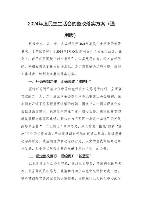 2024 年度民主生活会的整改落实方案（通用版）.docx
