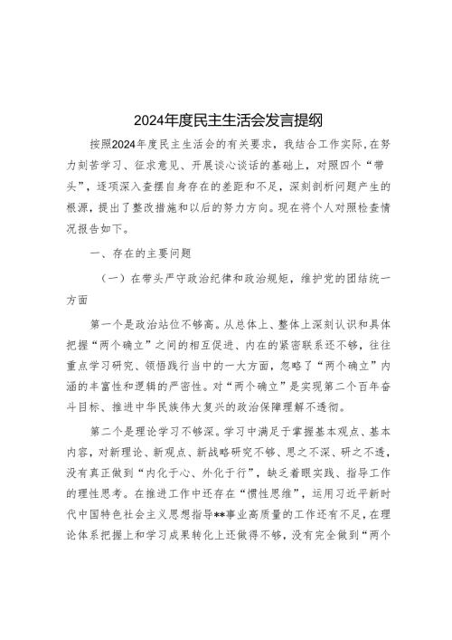 2024年度民主生活会发言提纲.docx