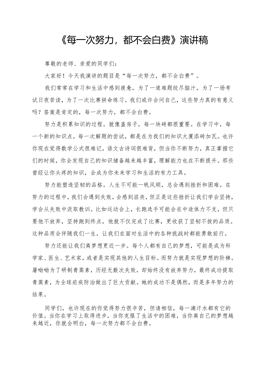 《每一次努力都不会白费》演讲稿.docx_第1页