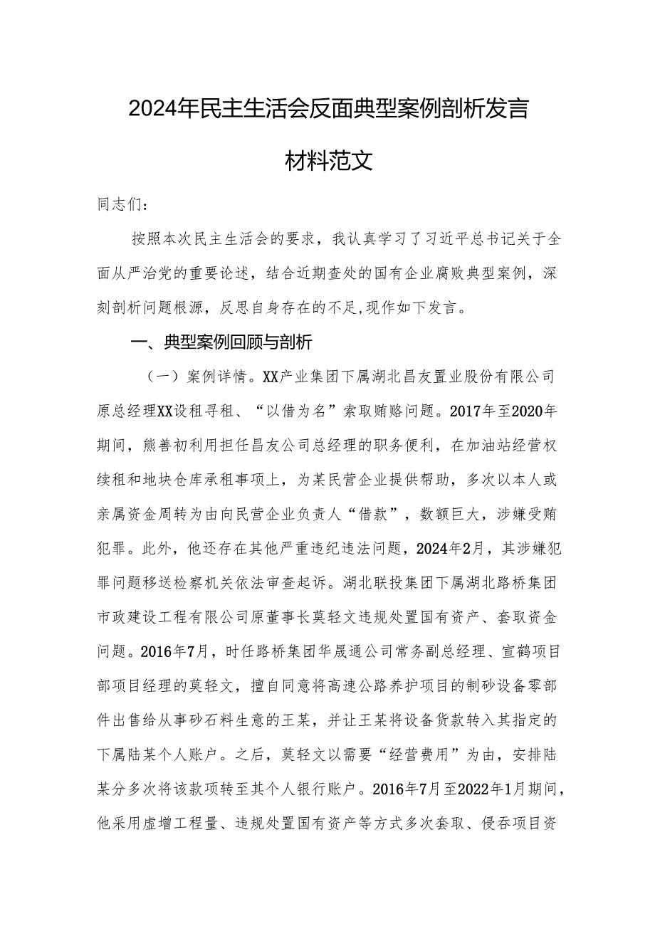 2024年民主生活会反面典型案例剖析发言材料范文.docx_第1页