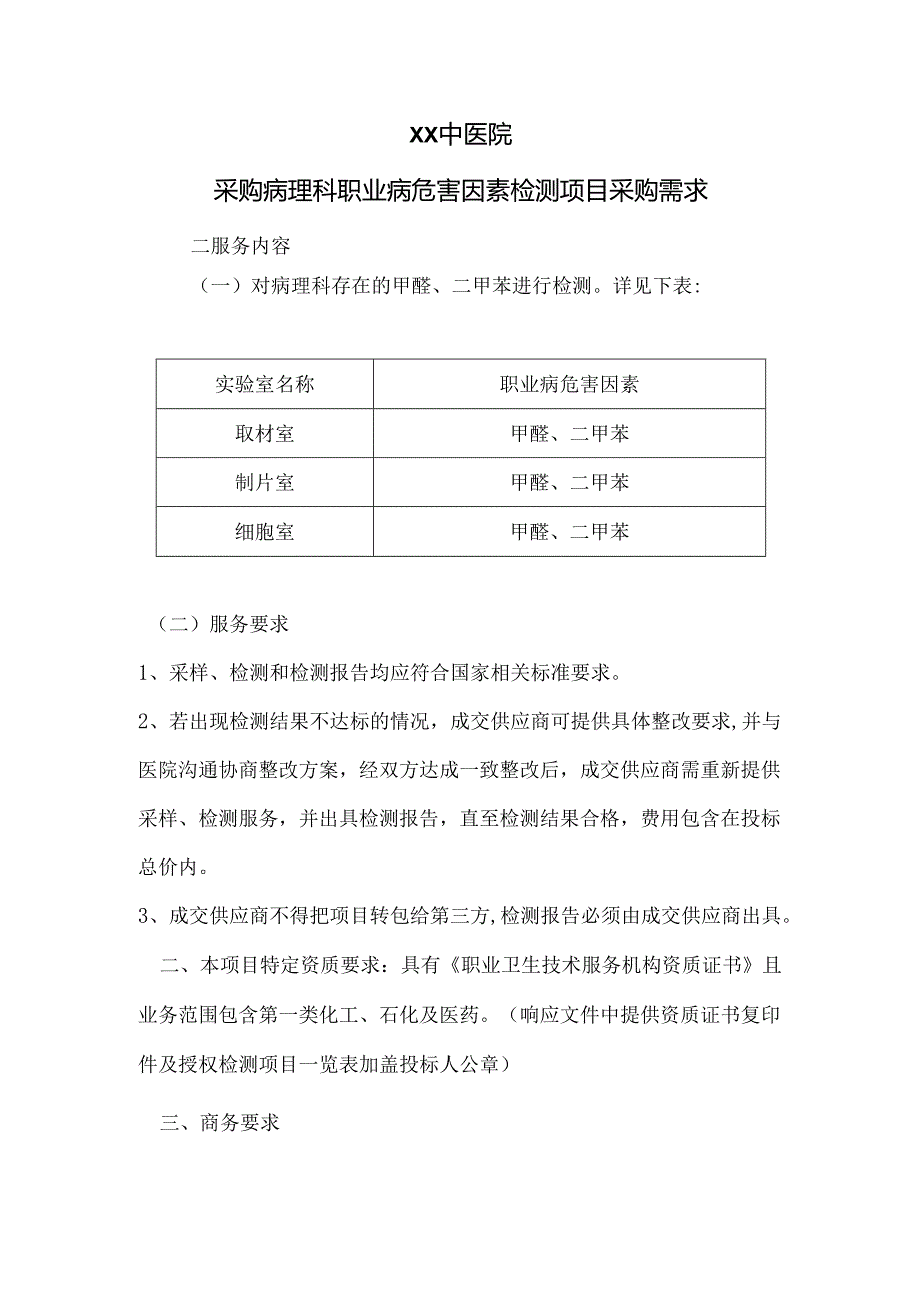 XX中医院采购病理科职业病危害因素检测项目采购需求（2025年）.docx_第1页